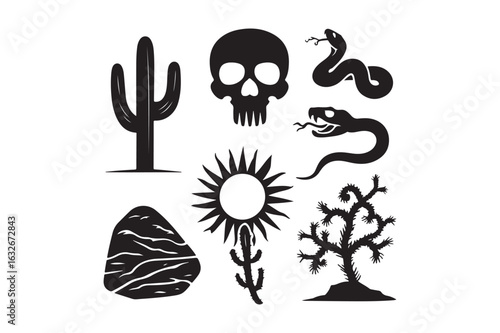 Desert icons skull snake cactus sun tree and rock