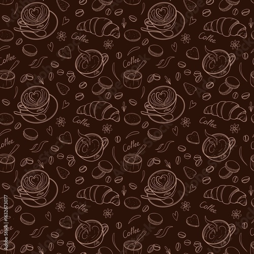Seamless pattern hand drawn outline elements on brown mocha background  coffee cups, cappuccino, croissant, cookies, jam, macaroons, coffee beans for menu design, packaging, coffee shop design