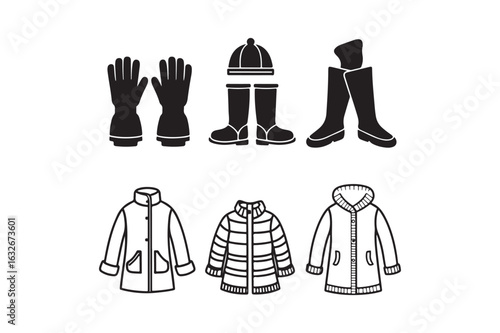 Winter clothing and gear collection for cold weather protection