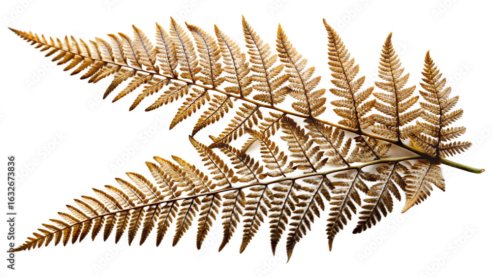 Naklejka premium Photo of a single dried fern leaf, isolated on transparent background, showcasing its intricate structure and delicate, goldenbrown coloration, a symbol of natures beauty