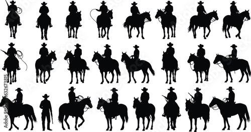 Cad drawing flat vector illustration of cowboys on horseback, western style silhouette, rodeo riders, horseman poses, wild west concept, black graphic isolated design.