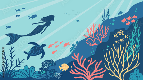 Underwater Fantasy World Vector – Mermaids and Sea Creatures in Coral Reef with Sunbeams from Ocean Surface