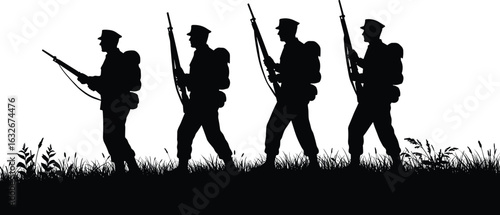 Cad drawing flat vector illustration, silhouette of soldiers marching with rifles, army troops walking, military operation, battlefield movement, black outline design, war patrol scene