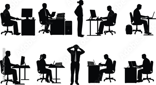 Cad drawing flat vector illustration, office worker silhouettes, sitting at desk, using computer, busy at work, stressed employee, corporate job scene, black vector icon