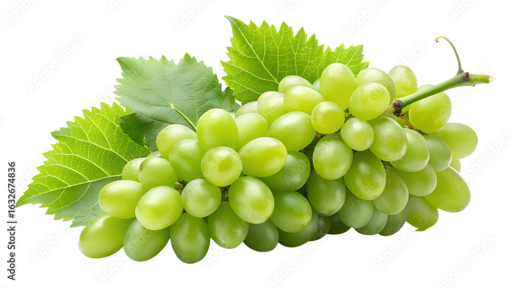 Obraz premium Photo of a fresh bunch of green grapes with leaves, isolated on transparent background