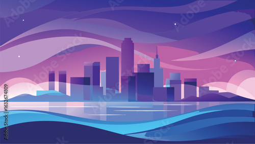 Vector art of vibrant city skyline silhouette at dusk with colorful abstract wavy clouds reflected in the water, creating a modern and atmospheric urban landscape