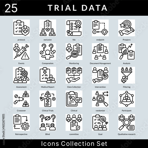 Trial Data icon set collection in outline style. an icon pack contain protocol, exclusion, fda, endpoint, prospect, events, comparation, monitoring, document management