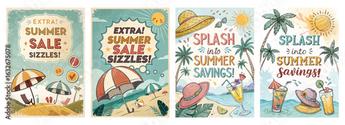 Set of four vintage summer sale posters with beach scenes umbrellas palm trees and refreshing drinks