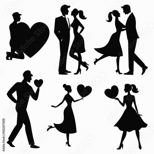 Vector of people silhouettes, including a couple with a single girl proposing