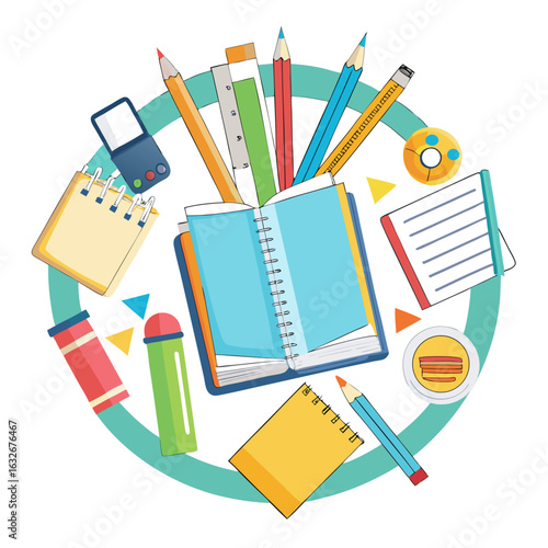 Creative arrangement of school supplies and stationery items for learning