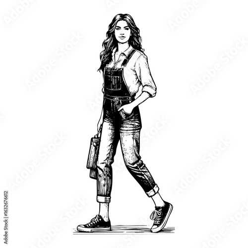 Detailed Black and White Drawing of Woman wear denim jumpsuit Engraving Illustration