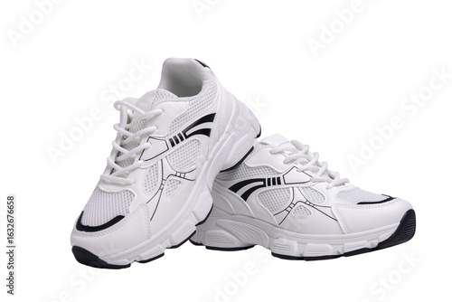 Pair of white sneakers with black details isolated on transparent background