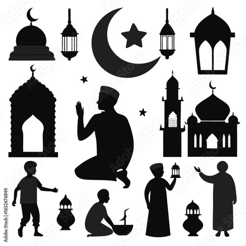 Taj Mahal vector silhouette icon set with Muslim masque and religion design and element