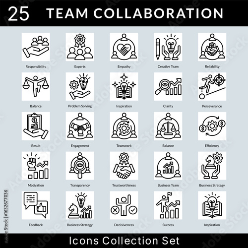 Team Collaboration icon set collection in outline style. an icon pack contain responsibility, experts, empathy, creative team, reliability, balance, problem solving, inspiration, clarity