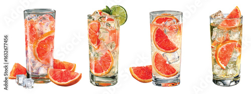 Set watercolor of grapefruit paloma cocktails drinks with ice and mint isolated on transparent background