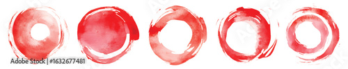 Set watercolor red circle paint brush ink strokes isolated on transparent background
