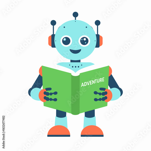 Friendly Blue Robot Character Reading Adventure Book with Smiling Face