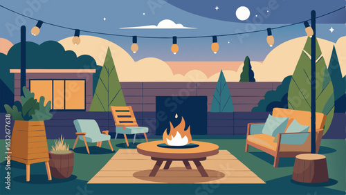 An outdoor living space with a builtin fire pit a mix of modern and wooden outdoor furniture and string lights for ambiance.