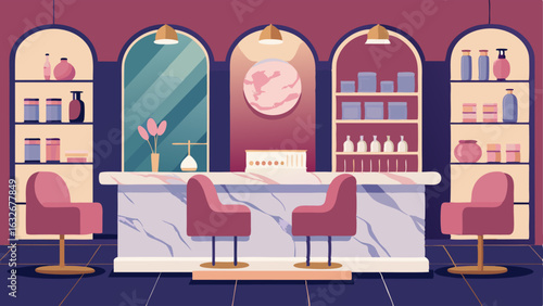 A luxurious beauty store with marble counters and velvet chairs.