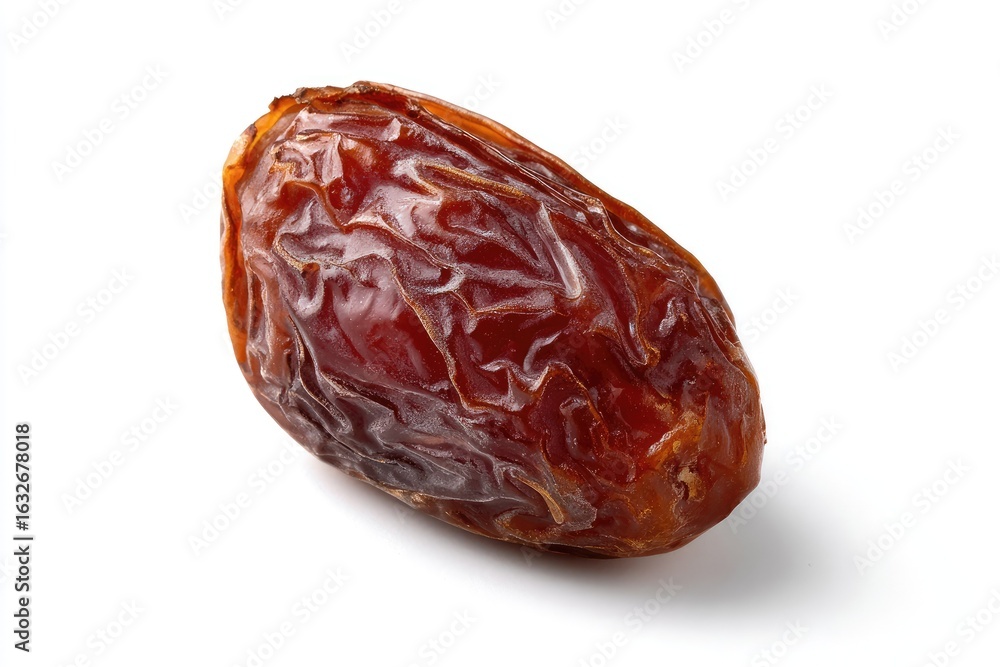 Single dried date, rich brown, textured skin Single dried date, rich brown, textured skin