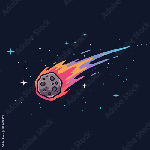 Colorful comet flying through dark space with stars in background  