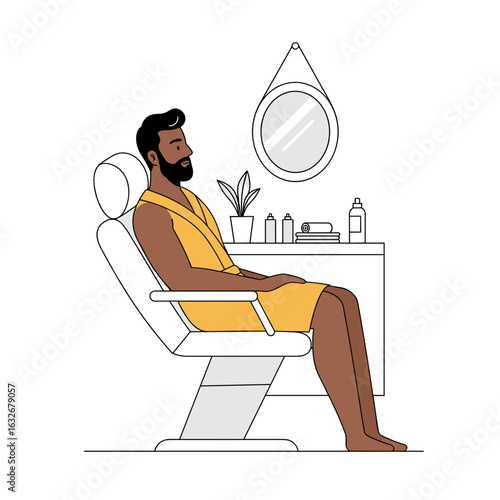 Man sitting in salon chair wearing yellow bathrobe in spa  