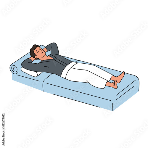 Man relaxing casually on sofa with hands behind his head  