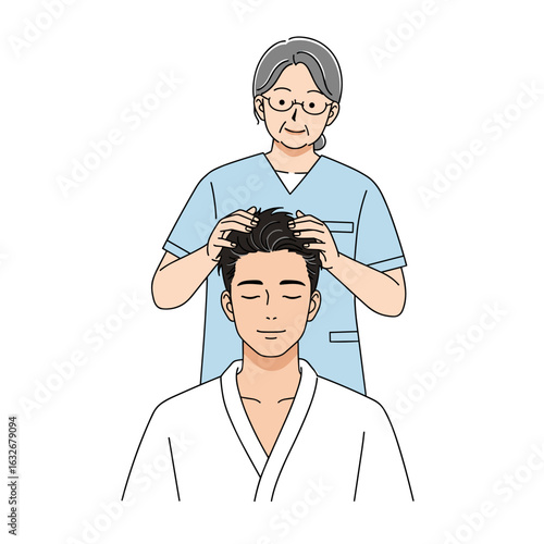Elderly woman giving a scalp massage to young man in wellness setting  