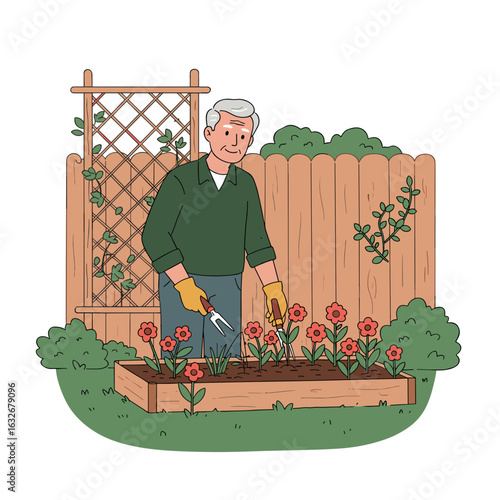Elderly man gardening and tending flowers in backyard during daytime  