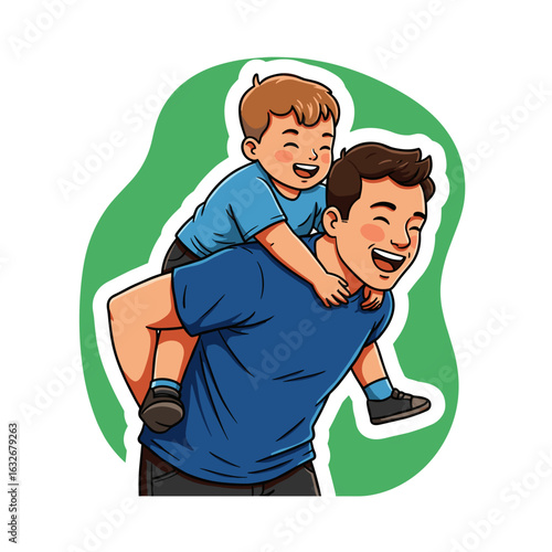 Father and son laughing while playing piggyback on green background  