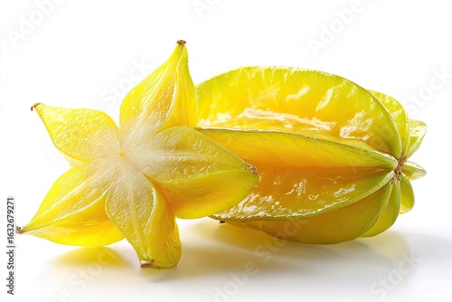 Two star fruit, one cut open, vibrant yellow