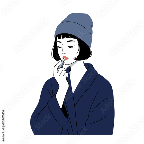 Young woman applying lipstick while wearing a beanie and robe  