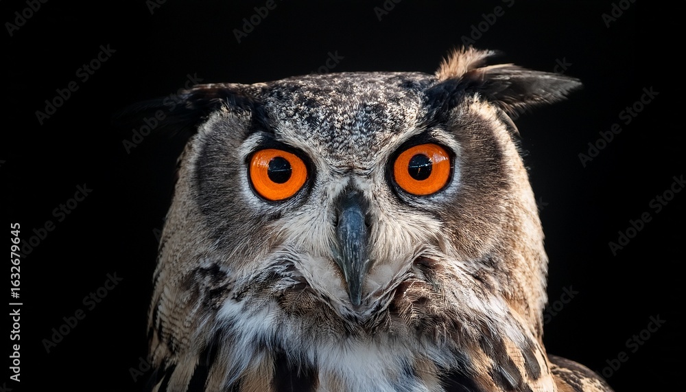 Fototapeta premium close up portrait of an owl with vivid orange eyes on a black background