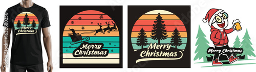 Retro sunset Christmas trees and Santa sleigh design logo 2025 2026 festive event holiday winter celebration gift snow merry beer ollection bundle new latest png jpg eps ai file format vector art 