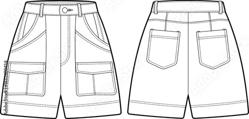 Cargo shorts sketch, front view, back view, waistband, belt loops, flap pockets, stitching lines, seam details, fashion design, template