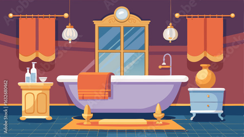 A luxurious bathroom with a freestanding bathtub surrounded by metallic accents and plush towels.