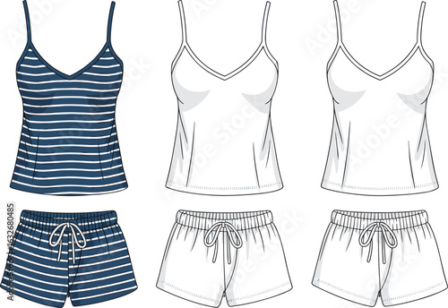 Casual clothing illustration, tank tops, shorts, striped design, white garments, drawstring detail, fashion sketch, summer outfit, clothing template, style variation