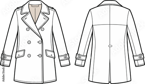 Double-breasted coat drawing, front view, back view, wide collar, epaulets, flap pockets, cuff straps, fashion sketch, garment design, tailoring