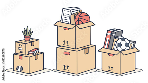 Cardboard boxes with personal stuff for moving, relocation. Stack of packed property, belongings. Objects, toys, books ready for delivery. Flat vector illustrations isolated on white background