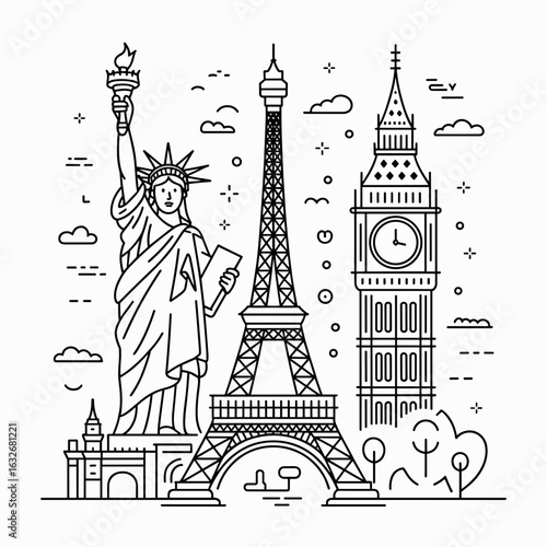 Famous World Landmarks Line Art – Statue of Liberty, Eiffel Tower, Big Ben