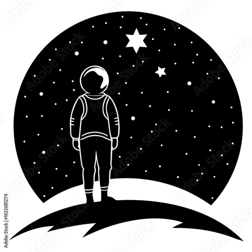 Astronaut standing on planet with stars in space silhouette vector illustration