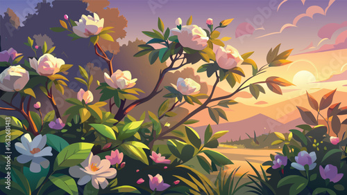 Artistic illustration of blooming flowers at sunset with majestic mountains and gentle light.