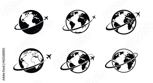 Six stylized globes with airplanes flying around them in a circular motion representing global travel and aviation silhouette. vector design. Silhouette vector design illustration
