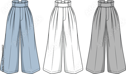 Wide-leg pants sketch, high waist, pleated front, belt loops, front fly, stitching details, color variation, fashion illustration, garment design