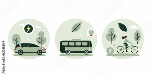 Sustainable transportation options including electric car public bus and cycling for eco friendly travel