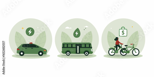 Sustainable transportation options including electric car bus and bicycle with energy symbols