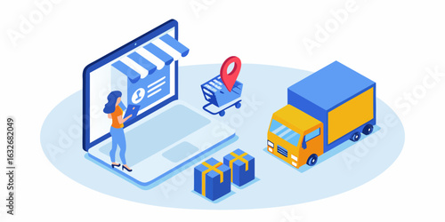 Woman using laptop for online shopping with delivery truck and packages arriving