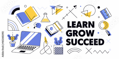 Learn grow succeed concept with educational and business elements in flat design style