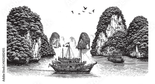 Antique engraved illustration from Halong Bay Vietnam view with boats vector hand drawing, isolated on transparent background.