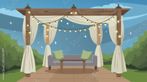 An outdoor patio with weathered wood furniture and a pergola adorned with le lights and draped with flowy white curtains.